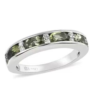 Bohemian Moldavite, White Zircon Half Eternity Band Ring